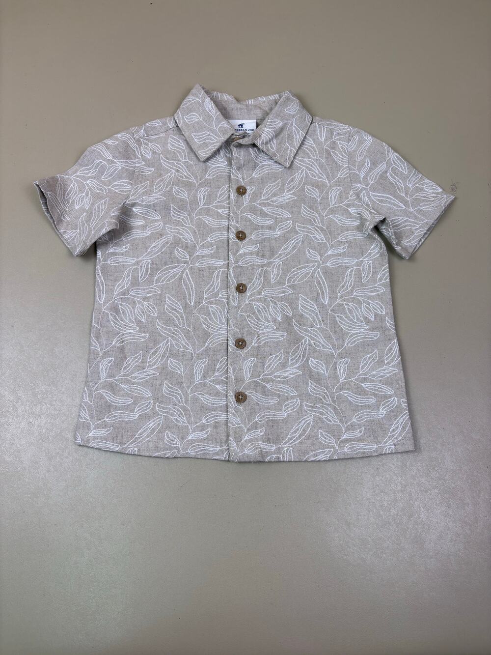 Caribbean Joe Kids Size 5 Beige Linen Blend Embroidered Leaf Button Shirt NWT